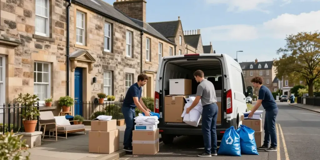 House Clearance Edinburgh team loading furniture into a van on a sunny day.