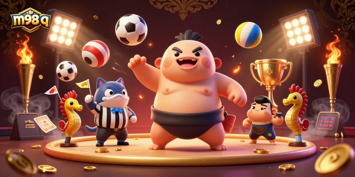 Engage in exciting gaming with m98 q, featuring a sumo fugu in a vibrant underwater ring surrounded by sports elements.