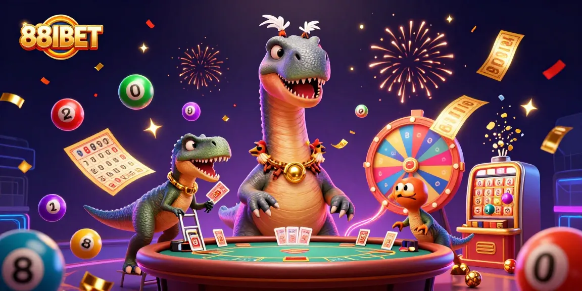 88IBET features a playful scene with a dinosaur and raptor in a lively casino environment.