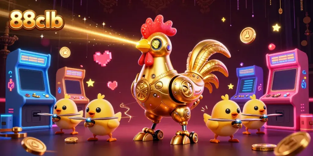 Engage with 88clb's dynamic gaming scene featuring a futuristic golden rooster robot and baby chick drones.
