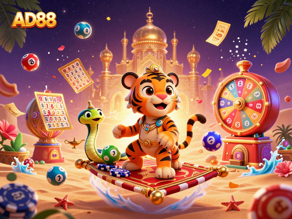Engage with AD88's thrilling gaming experience featuring a vibrant 3D casino scene full of lively lottery elements.