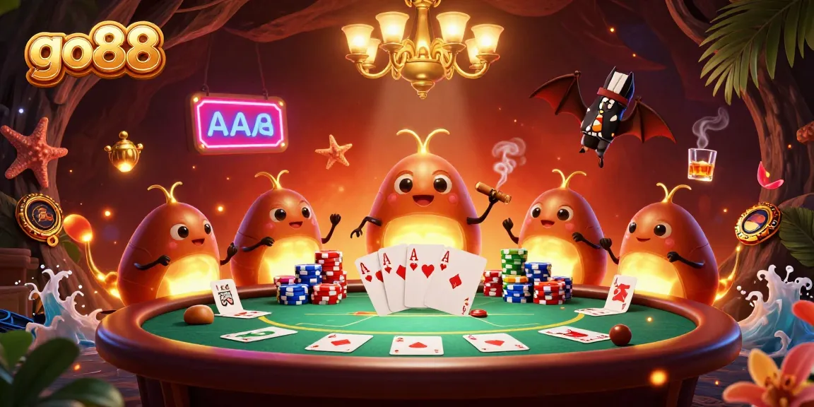 Experience the excitement of go88 with glowworms lighting up a vibrant cave casino scene featuring poker elements and a bat dealer.