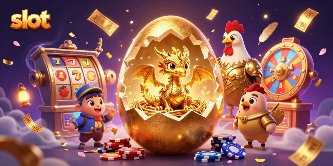 Spin vibrant slot reels and uncover treasures with the golden baby dragon in this dynamic casino scene.