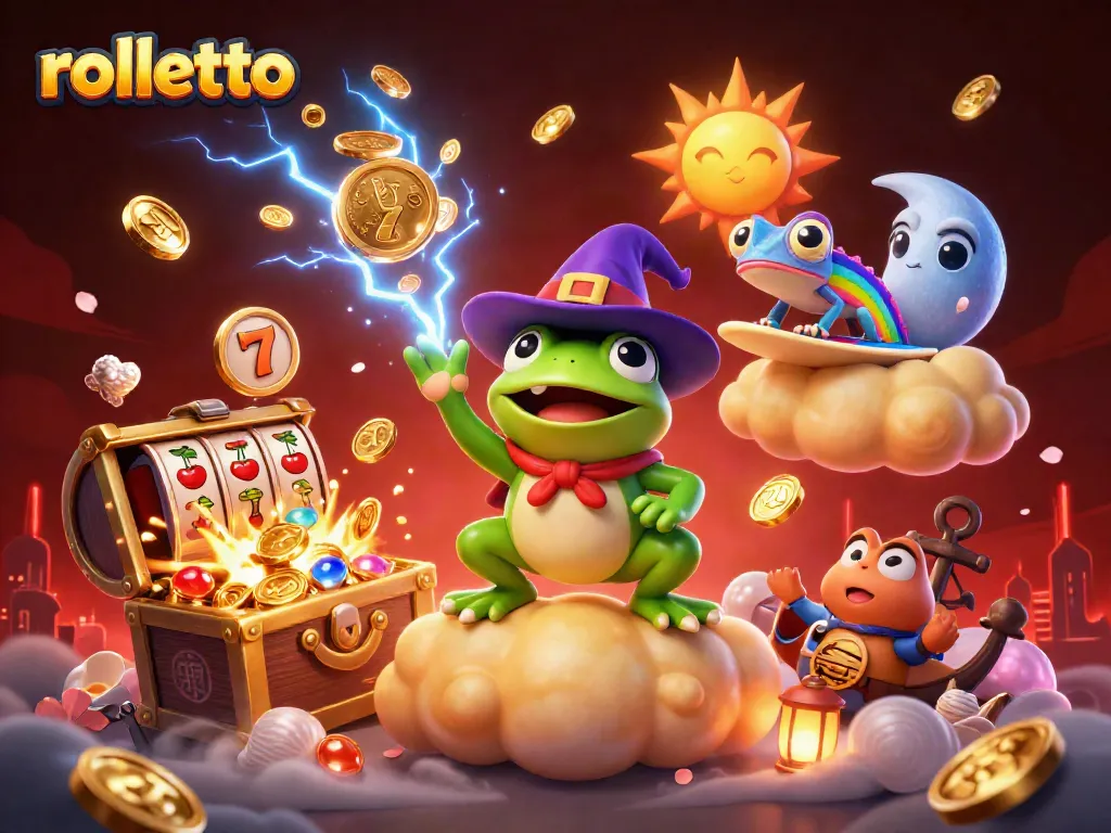 Experience rolletto thrills as a wizard frog conjures coins amidst dynamic slots and vibrant characters.