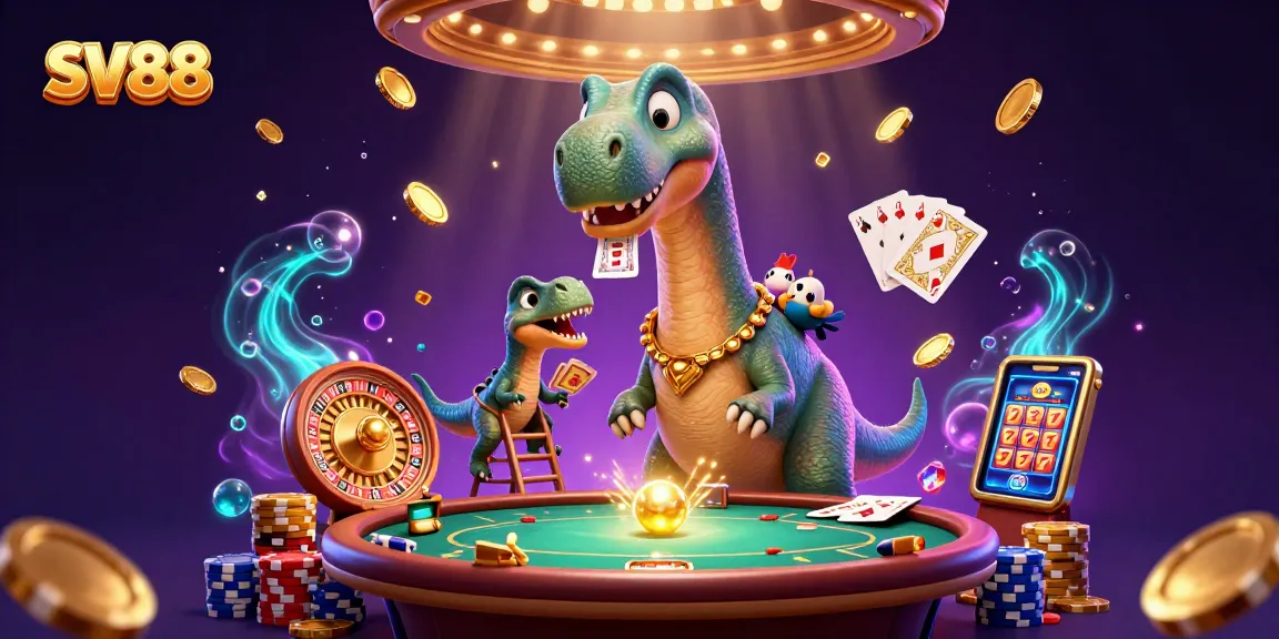 SV88 showcases a massive brontosaurus and clever raptor in a vibrant casino environment
