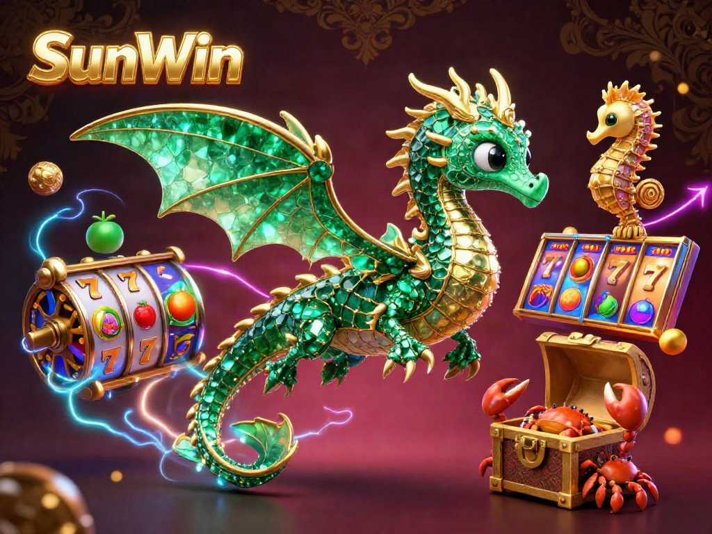 Engage with SunWin's slot machines in this vibrant 3D casino illustration featuring mythical elements.