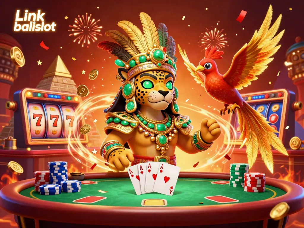 Experience the thrill of casino gaming with Link balislot, showcasing interactive characters immersed in vibrant slot action.