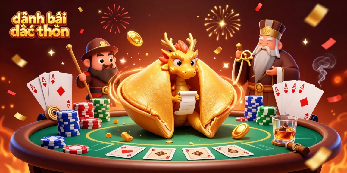 Experience exciting đánh bài đổi thưởng with a dynamic scene featuring a golden fortune cookie and poker action.