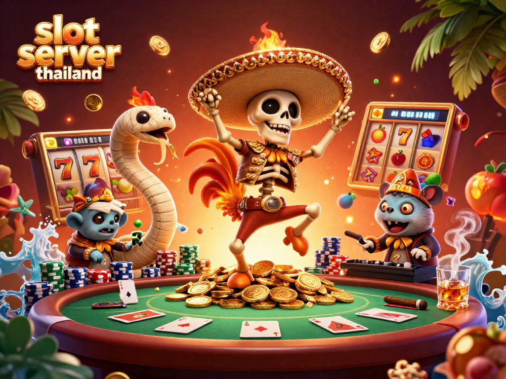 Experience the excitement at slot server thailand with vibrant characters celebrating wins amidst dynamic casino elements.