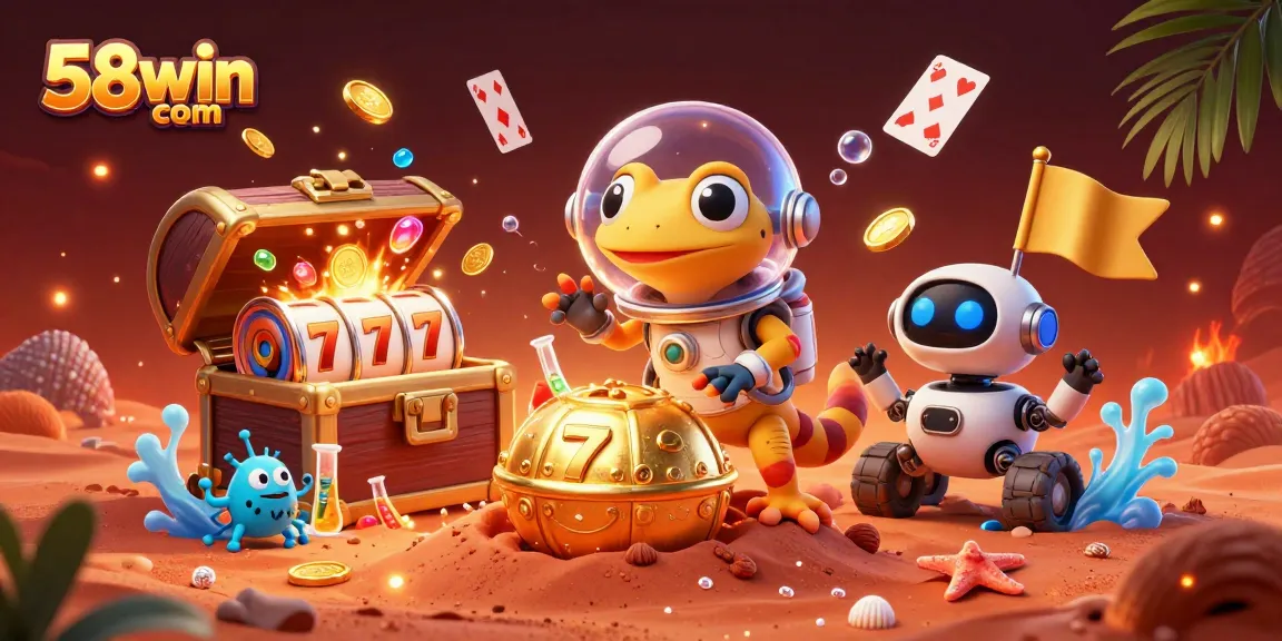 Experience 58win com's vibrant casino atmosphere with a Martian gecko uncovering treasures.