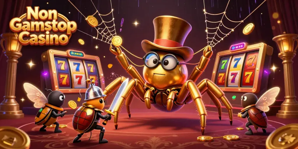 Engage in thrilling play at Non Gamstop Casino with colorful reels and dynamic characters in a vibrant scene.