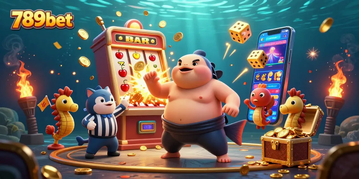 Experience thrilling gameplay with 789bet featuring a festive underwater scene with a giant fugu, slot machine jackpot, and vibrant game elements