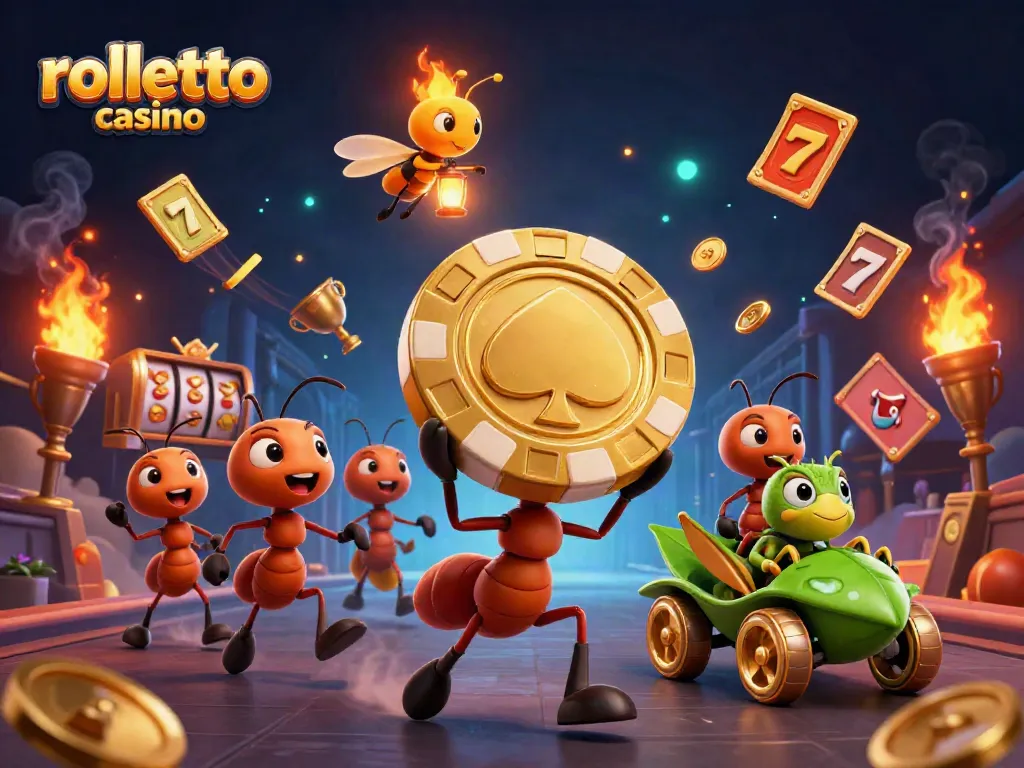 Experience rolletto casino with ants on a heist for golden poker chips surrounded by vibrant gaming elements.