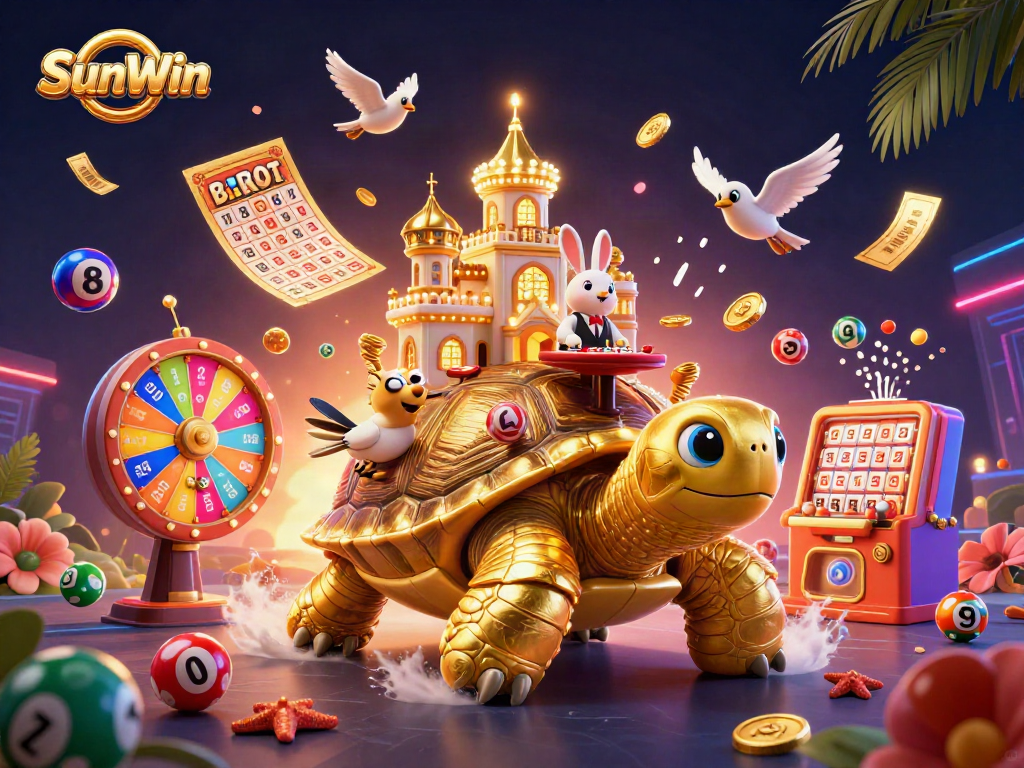 Engage with "SunWin" in this vibrant casino-themed illustration featuring a golden tortoise and a rabbit dealer.