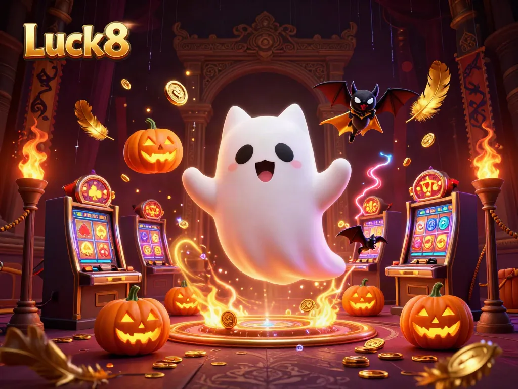 Experience the enchantment of Luck8 with ghost cats, glowing pumpkins, and dynamic casino gaming.