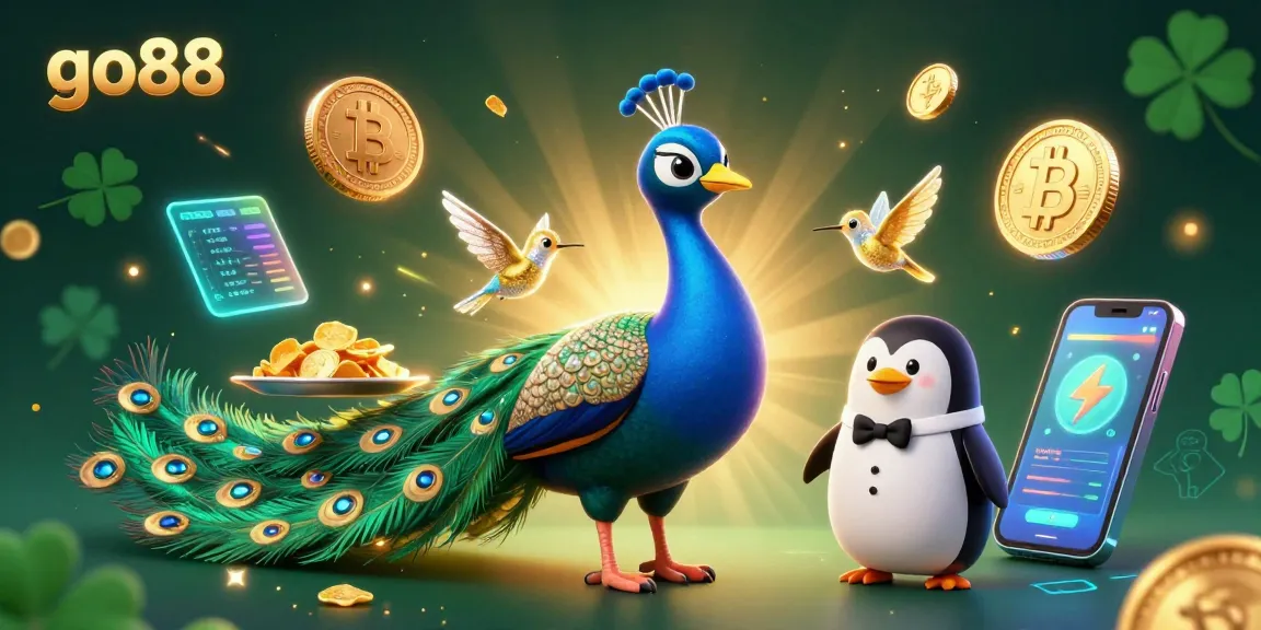 Experience vibrant gaming with go88, featuring a peacock, penguin, and hummingbird in a dynamic casino scene.