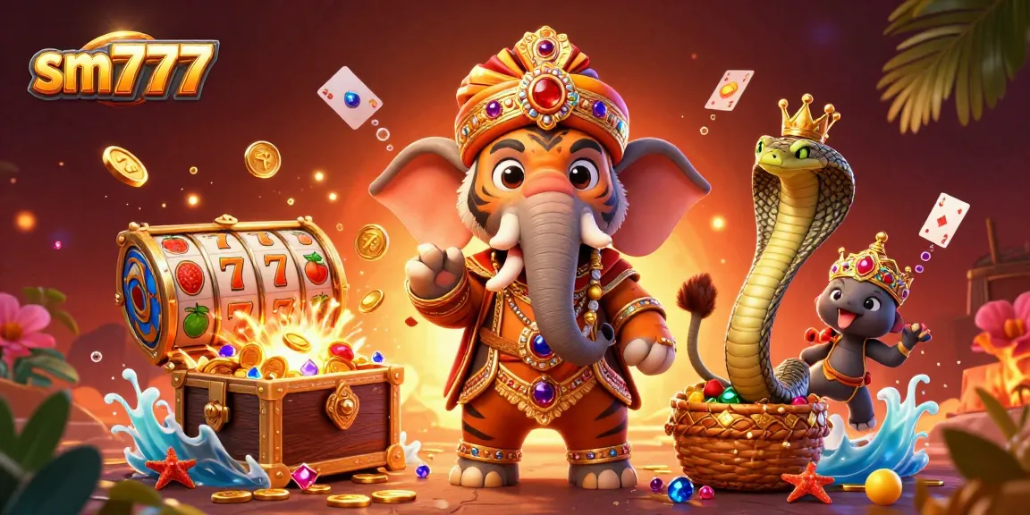Experience thrilling online gaming with SM777's vibrant casino scene featuring dynamic characters and colorful slots.