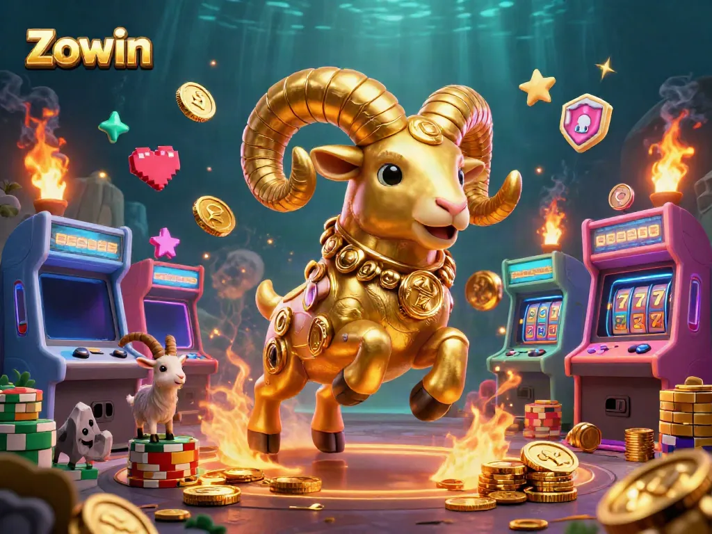 Experience the thrill of Zowin with vibrant casino action in a 3D digital illustration showcasing golden ram and game elements.