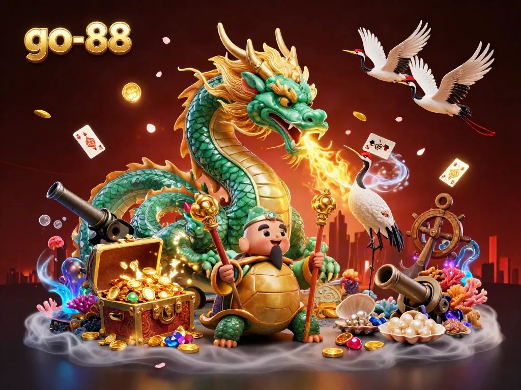 Experience the thrilling excitement at go-88 with a majestic jade dragon and lucky symbols in a vibrant casino illustration.