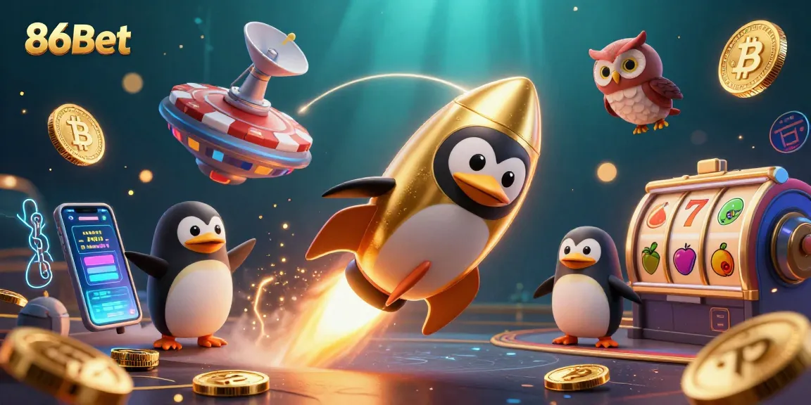 Engage with exhilarating casino adventures at 86Bet featuring a golden penguin in a vibrant 3D illustration.