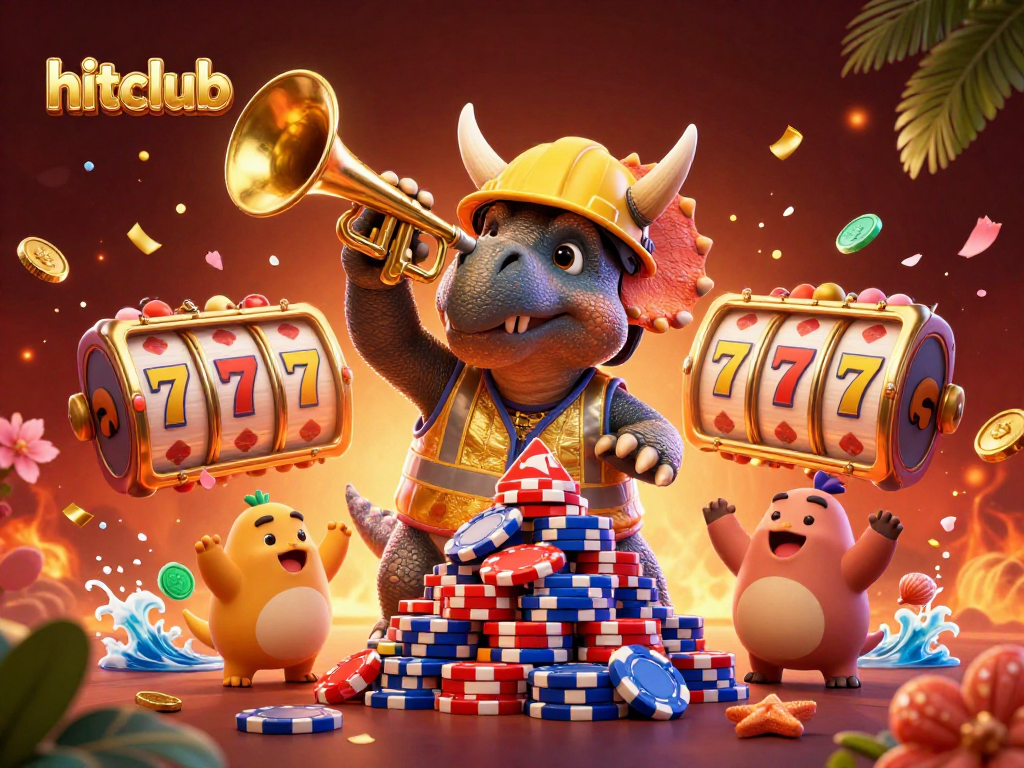 Join the excitement at hitclub with a vibrant 3D casino illustration featuring fun characters and engaging game elements.