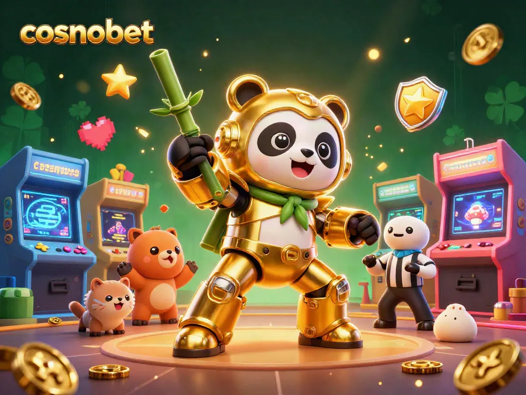 Experience excitement on cosmobet with a vibrant 3D casino scene featuring a golden panda and dynamic gaming elements.