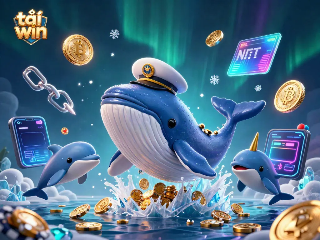 Engaging scene illustrating tải sun win with a cartoon whale, narwhal, and dolphins enjoying gaming elements.
