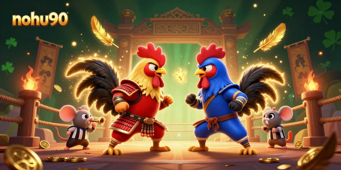 Engage in thrilling action at nohu90 with cartoon roosters battling amidst a vibrant gambling scene.
