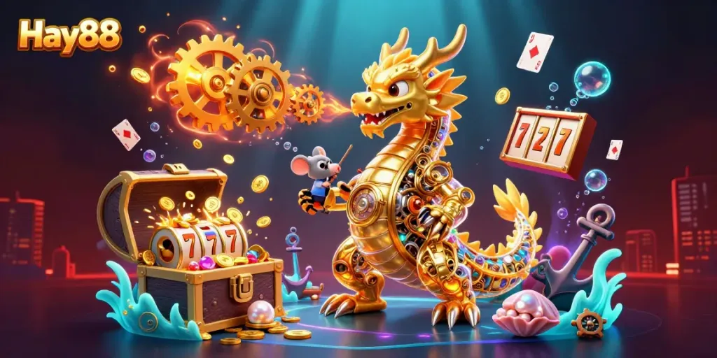 Hay88 showcases a golden dragon spitting gears, surrounded by riches and gambling elements in a vibrant underwater scene.