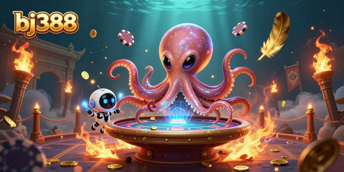 Experience thrilling gaming action at bj388 with a cosmic octopus and robotic companion at a poker table.