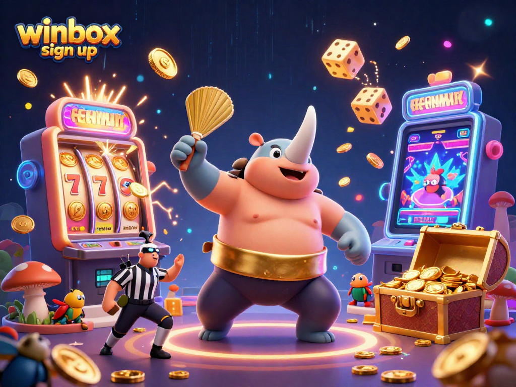 Winbox sign up with a dynamic 3D cartoon illustration of a rhinoceros beetle sumo champion stomping golden coins in a casino scene.