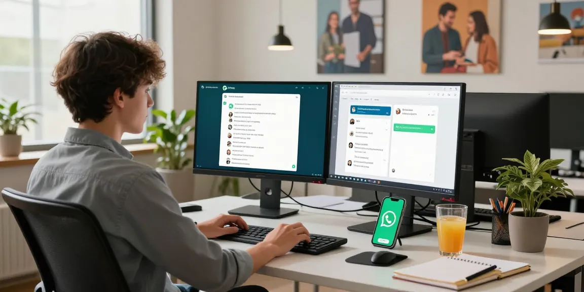 Engaging workspace using WhatsApp電腦版 on multiple screens showing collaboration and productivity.
