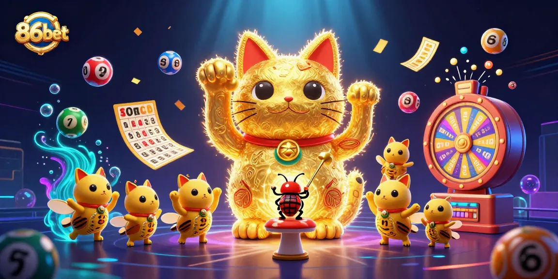 Engage with the vibrant world of 86bet featuring a giant lucky cat illustration amidst dynamic casino elements.
