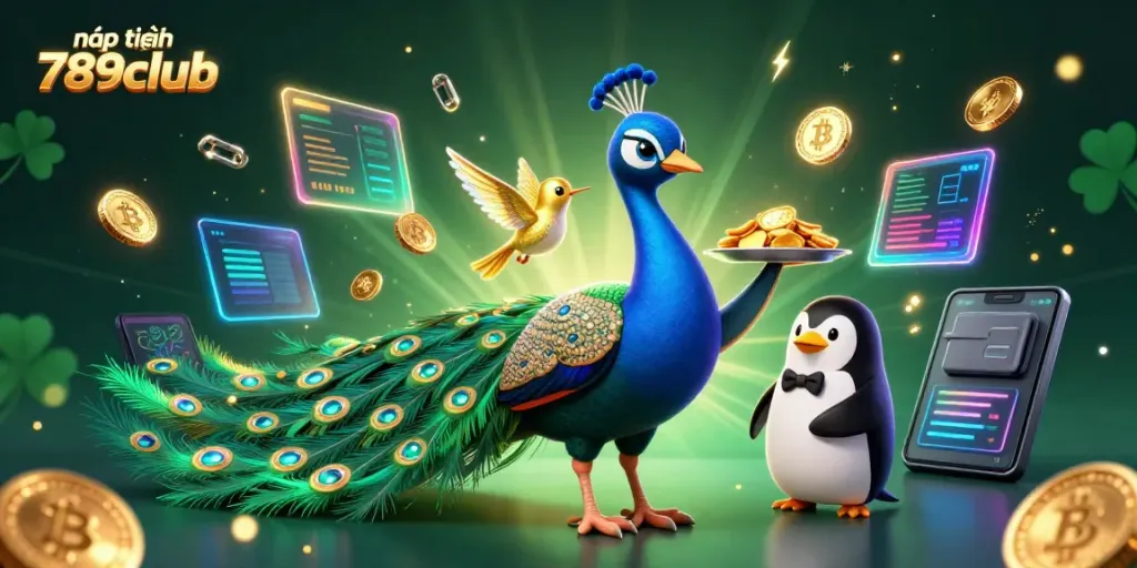 Engage with nạp tiền 789club visual showcasing animated characters and crypto elements in a vibrant casino setup.