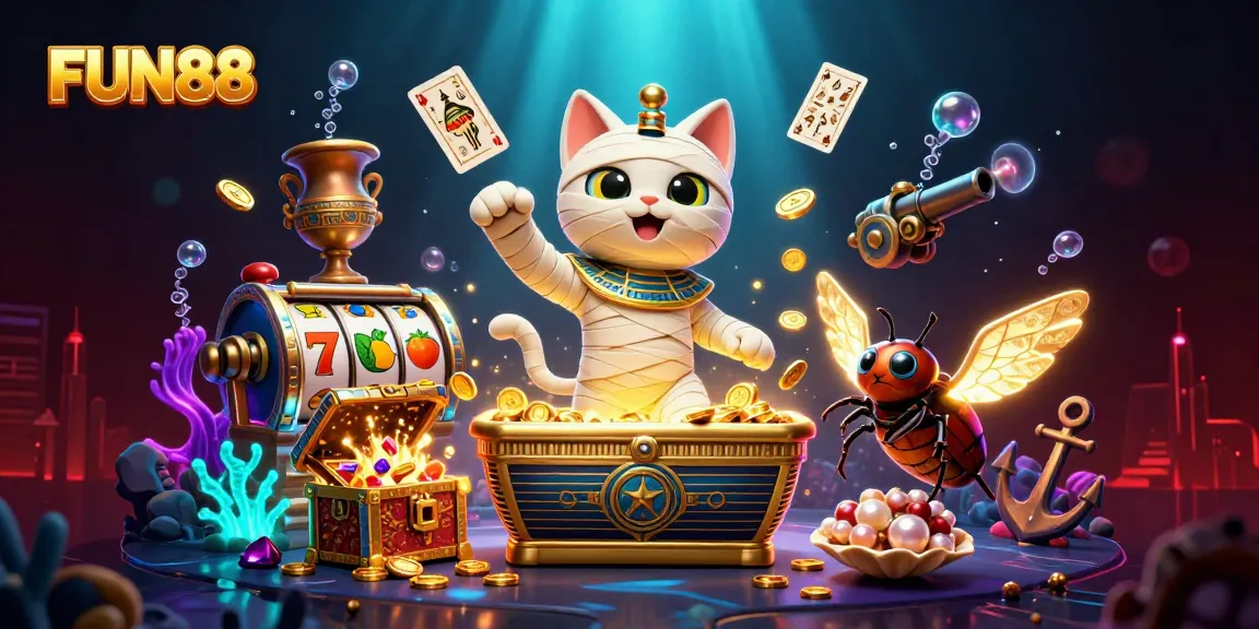 Experience FUN88 adventures as a mummy cat emerges in a vibrant pyramid casino scene.
