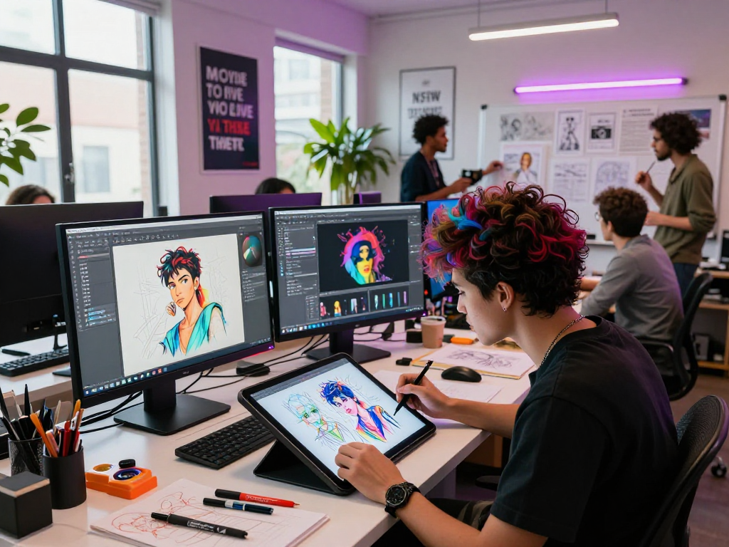 Creative artist working on nsfw AI projects in a vibrant digital studio.