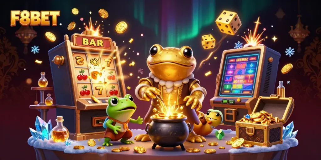 Experience F8BET’s thrilling gaming world with captivating characters amidst a jackpot explosion.