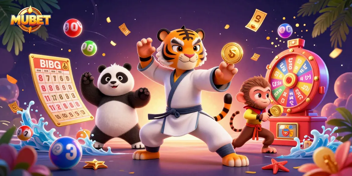 MUBET showcases a lively 3D illustration of a kung fu master, panda disciple, and mischievous monkey in a vibrant gambling scene.