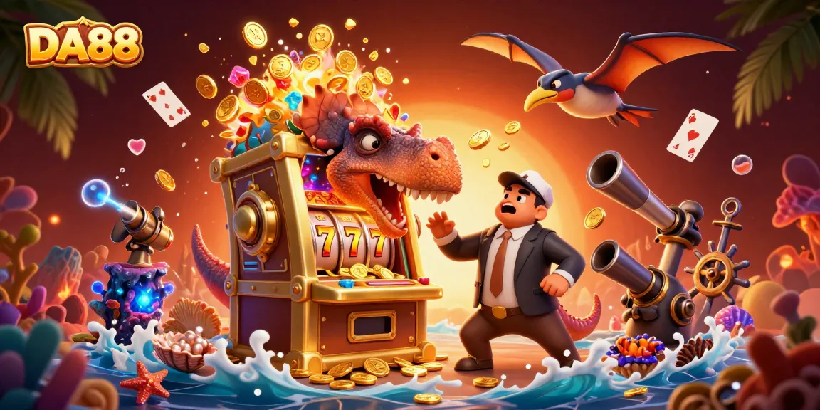 DA88 slot machine jackpot celebration with dinosaurs in a vibrant casino scene.