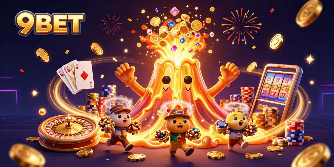 9BET engages players in a dynamic scene with a golden volcano erupting treasures and a vibrant gaming atmosphere.
