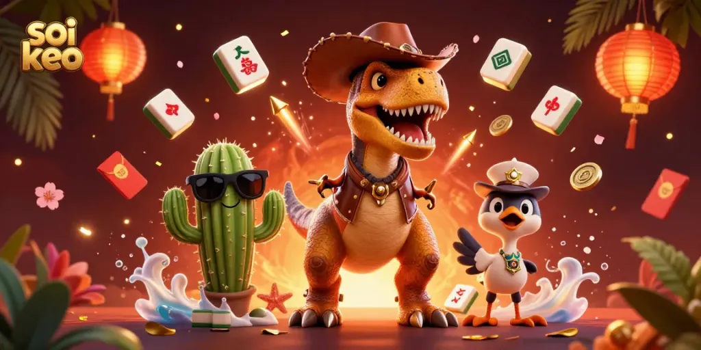 Soi keo strategies illustrated with a 3D T-Rex dinosaur and casino elements for engaging gambling insights.