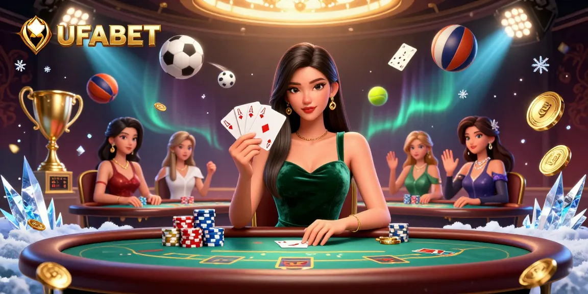 Experience the excitement of UFABET with stunning casino illustrations featuring dynamic sports elements and a luxurious poker scene.