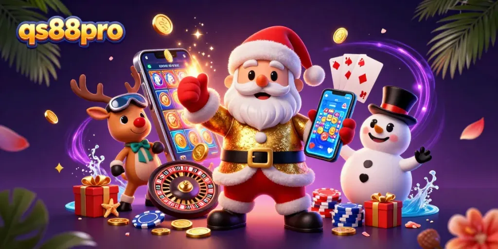 Engage with the excitement of qs88pro’s jackpot slots as Santa, his reindeer, and a snowman celebrate winning in casino style.
