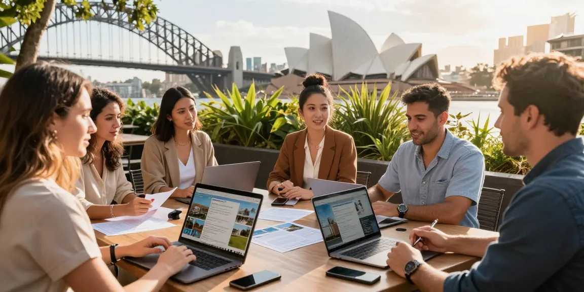 Hosts collaborating on Sydney short-term rental management strategies outdoors with iconic landmarks.