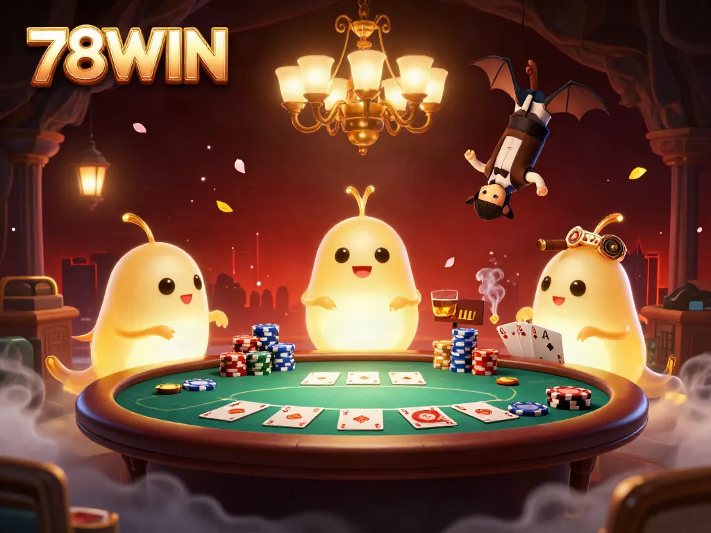 Experience the vibrant world of 78WIN as glowworms illuminate a dynamic casino scene with poker elements.