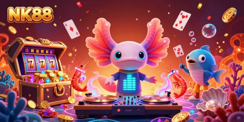 Engage with NK88's vibrant gaming scene featuring an axolotl DJ, gold coins, and exciting slot elements.