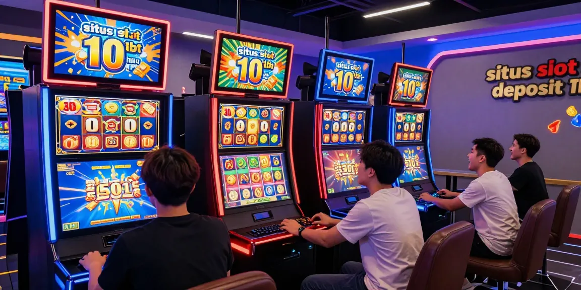 Situs slot deposit 10 ribu showcasing players celebrating wins at a vibrant online gaming studio environment.