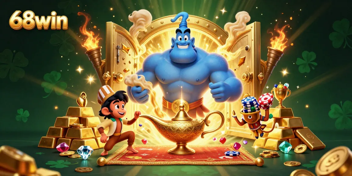 Engage with exciting 68win casino games through a vibrant 3D illustration featuring a genie, treasure, and poker chips.