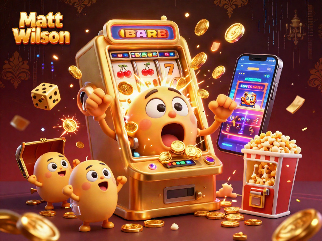 Matt Wilson celebrates hitting the jackpot surrounded by cheering baby slot machines in a vibrant casino scene.