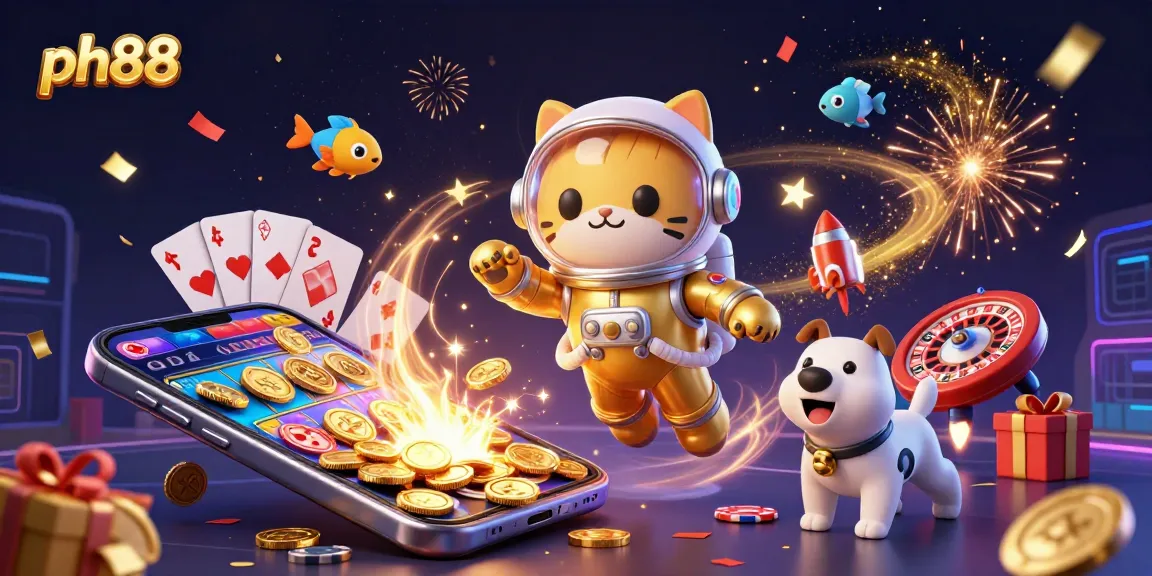 Experience the excitement of ph88 online gaming with a space-themed casino illustration featuring characters and dynamic game elements.
